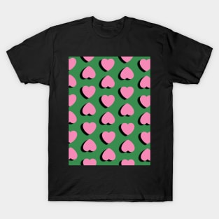 Pink Hearts Spots on Green Background T-Shirt